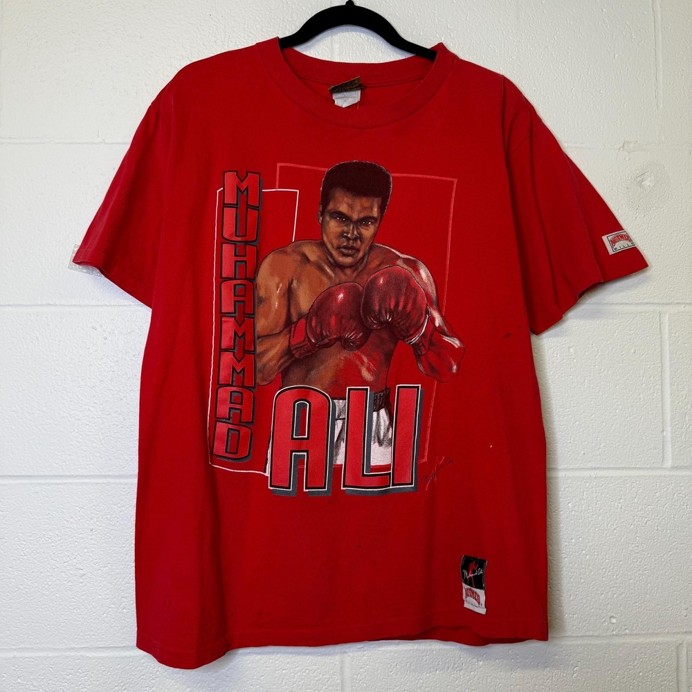 VINTAGE 90s Muhammad Ali Nutmeg Stats Statistics Card T-Shirt Men's Size M 4312